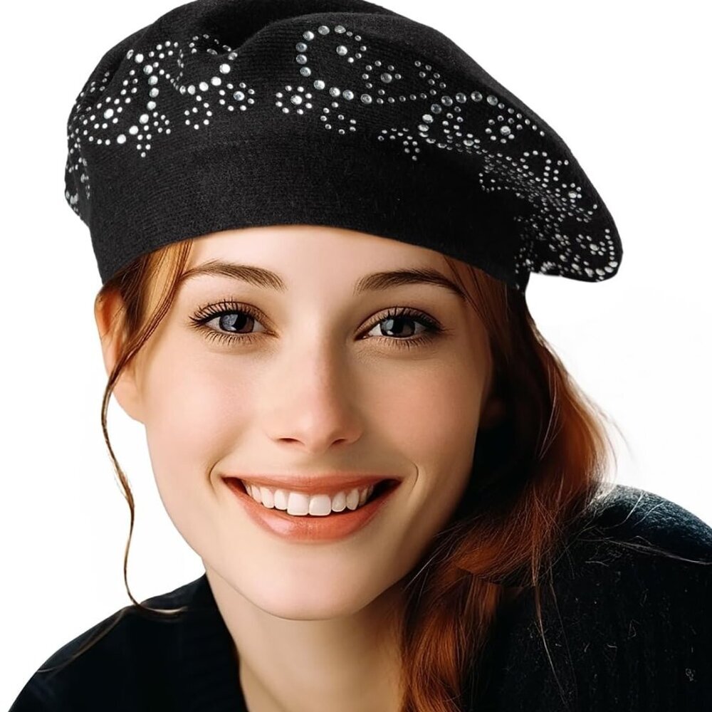 Rhinestone Beret Hats for Women 2 Layers Wool French Knit Cap Lady Winter Black